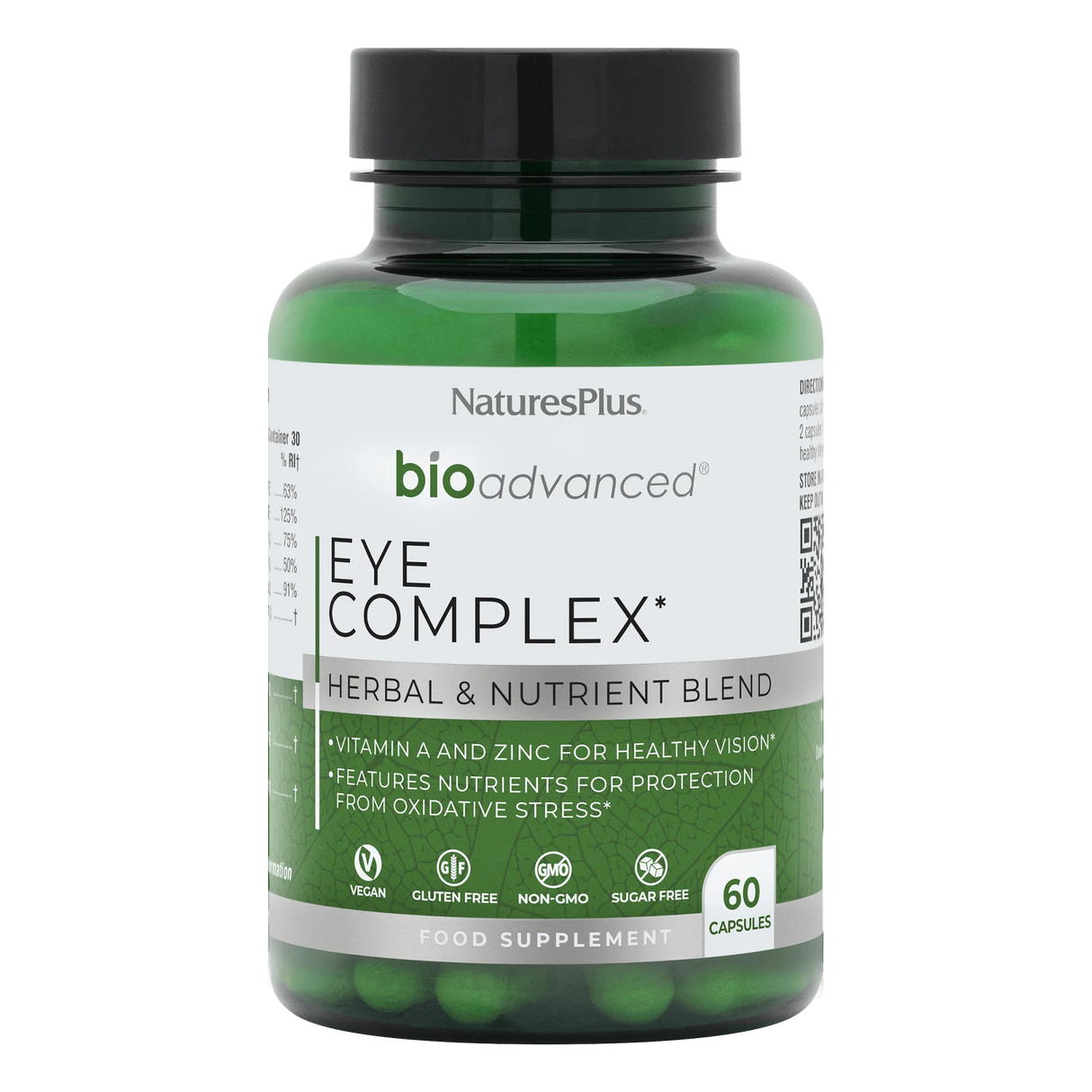 Nature's Plus BioAdvanced Eye Complex 60 vegan capsules with Lutein Zeaxanthin and Bilberry for vision and blue light support.