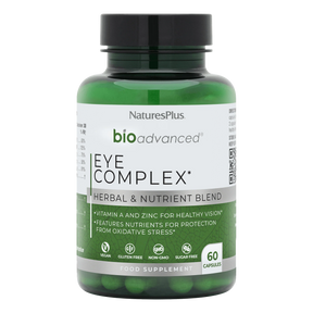 Nature's Plus BioAdvanced Eye Complex 60 vegan capsules with Lutein Zeaxanthin and Bilberry for vision and blue light support.