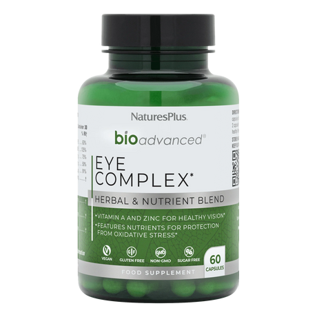 Nature's Plus BioAdvanced Eye Complex 60 vegan capsules with Lutein Zeaxanthin and Bilberry for vision and blue light support.