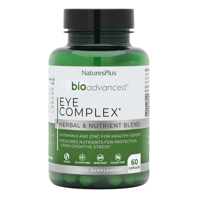 Nature's Plus BioAdvanced Eye Complex 60 vegan capsules with Lutein Zeaxanthin and Bilberry for vision and blue light support.