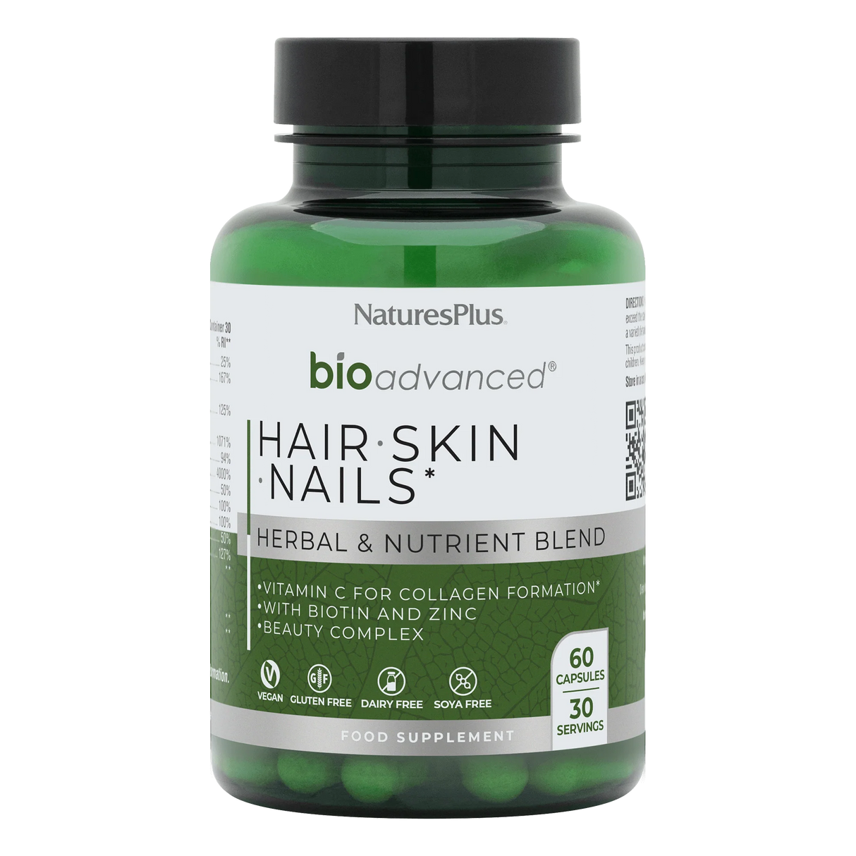 Nature's Plus BioAdvanced Hair Skin and Nails 60 vegan capsules with Biotin MSM and Silica for beauty and collagen support.