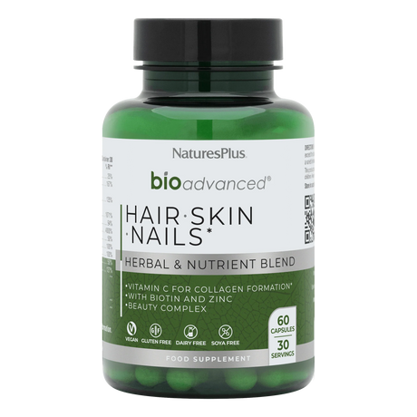 Nature's Plus BioAdvanced Hair Skin and Nails 60 vegan capsules with Biotin MSM and Silica for beauty and collagen support.