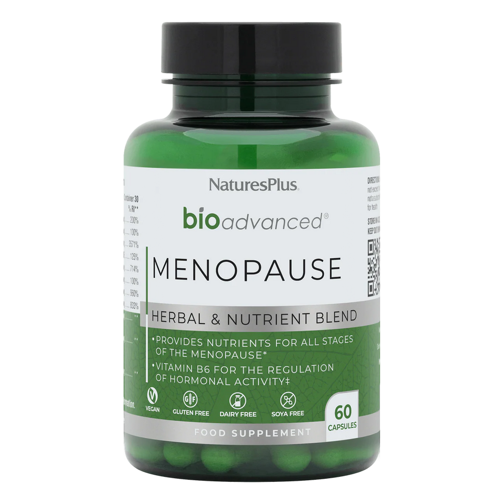 Nature's Plus BioAdvanced Menopause Support 60 vegan capsules with Sage Red Clover and B Vitamins for hormonal balance and energy support.