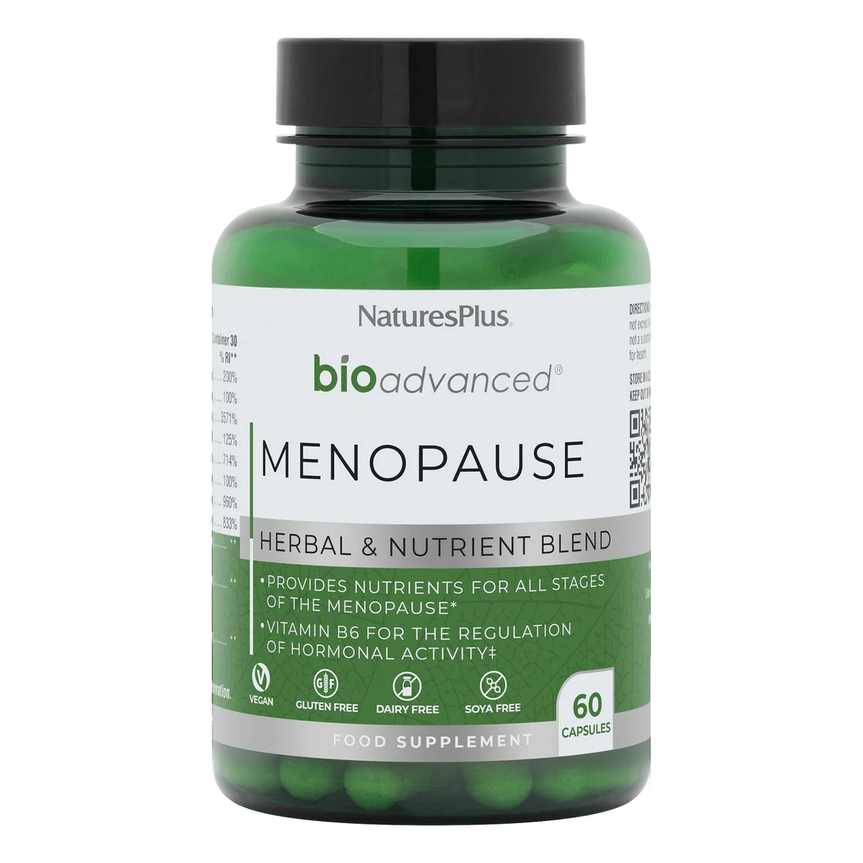 Nature's Plus BioAdvanced Menopause Support 60 vegan capsules with Sage Red Clover and B Vitamins for hormonal balance and energy support.