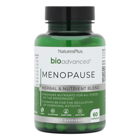 Nature's Plus BioAdvanced Menopause Support 60 vegan capsules with Sage Red Clover and B Vitamins for hormonal balance and energy support.