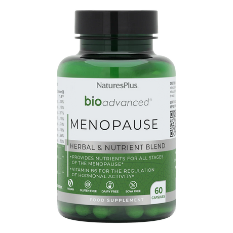 Nature's Plus BioAdvanced Menopause Support 60 vegan capsules with Sage Red Clover and B Vitamins for hormonal balance and energy support.