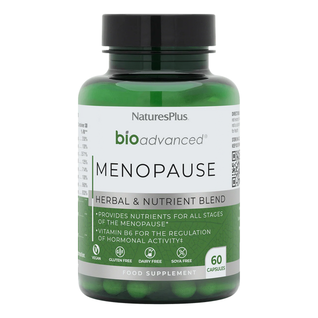 Nature's Plus BioAdvanced Menopause Support 60 vegan capsules with Sage Red Clover and B Vitamins for hormonal balance and energy support.