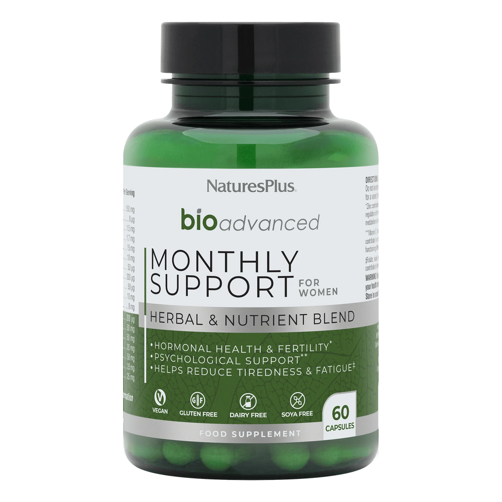 Nature's Plus BioAdvanced Monthly Support 60 vegan capsules with Magnesium B6 and Chasteberry for hormonal balance and energy support.