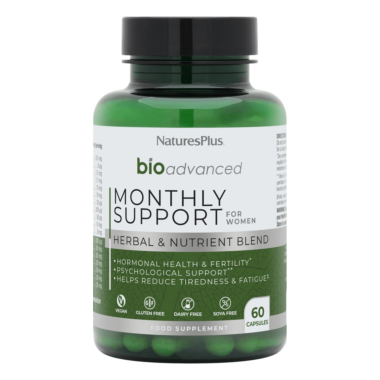 Nature's Plus BioAdvanced Monthly Support 60 vegan capsules with Magnesium B6 and Chasteberry for hormonal balance and energy support.