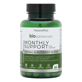 Nature's Plus BioAdvanced Monthly Support 60 vegan capsules with Magnesium B6 and Chasteberry for hormonal balance and energy support.