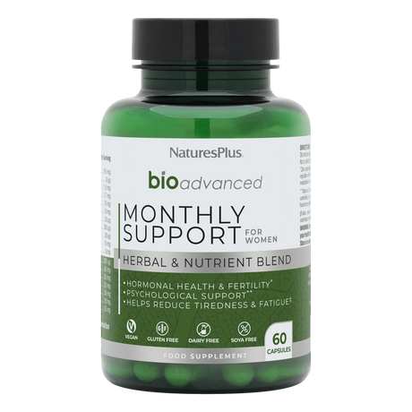 Nature's Plus BioAdvanced Monthly Support 60 vegan capsules with Magnesium B6 and Chasteberry for hormonal balance and energy support.