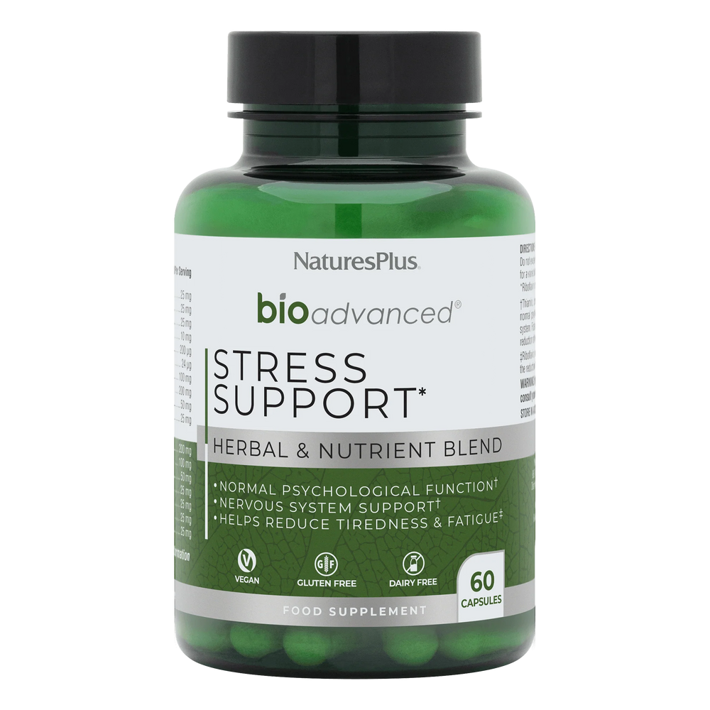 Nature's Plus BioAdvanced Stress Support 60 vegan capsules with Ashwagandha Rhodiola and B Vitamins for mental resilience and energy support.