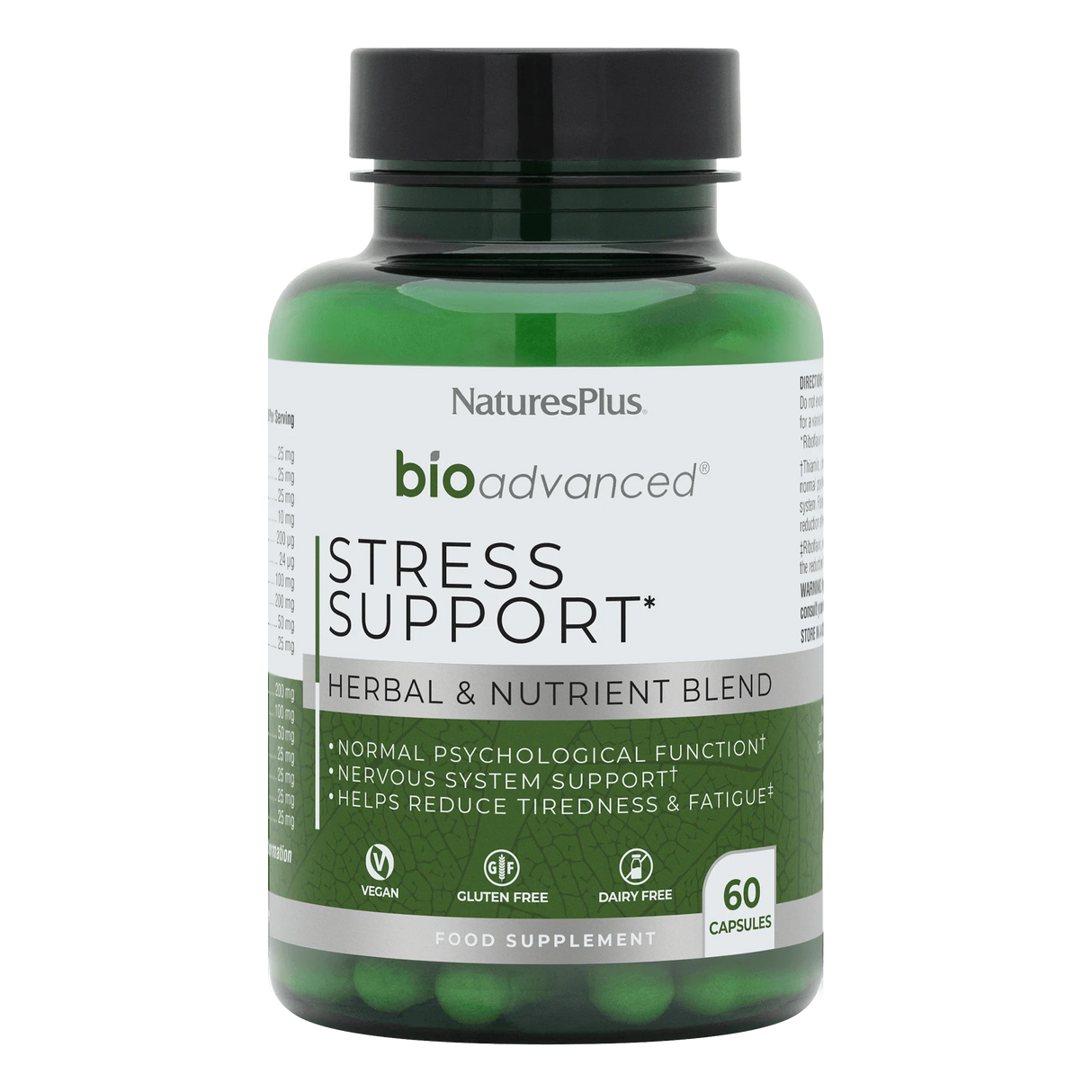 Nature's Plus BioAdvanced Stress Support 60 vegan capsules with Ashwagandha Rhodiola and B Vitamins for mental resilience and energy support.