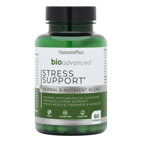 Nature's Plus BioAdvanced Stress Support 60 vegan capsules with Ashwagandha Rhodiola and B Vitamins for mental resilience and energy support.