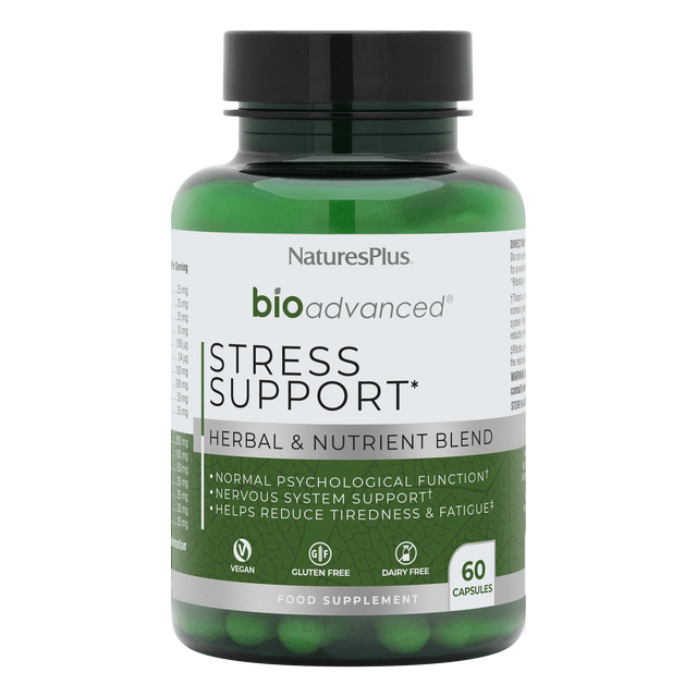 Nature's Plus BioAdvanced Stress Support 60 vegan capsules with Ashwagandha Rhodiola and B Vitamins for mental resilience and energy support.