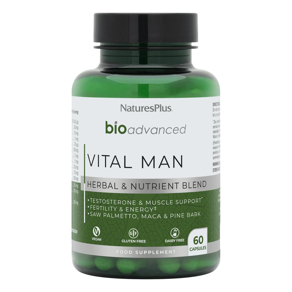 Nature's Plus BioAdvanced Vital Man 60 vegan capsules with Zinc Selenium and Ginseng for male vitality and testosterone support.