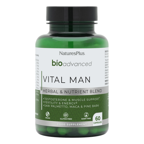 Nature's Plus BioAdvanced Vital Man 60 vegan capsules with Zinc Selenium and Ginseng for male vitality and testosterone support.
