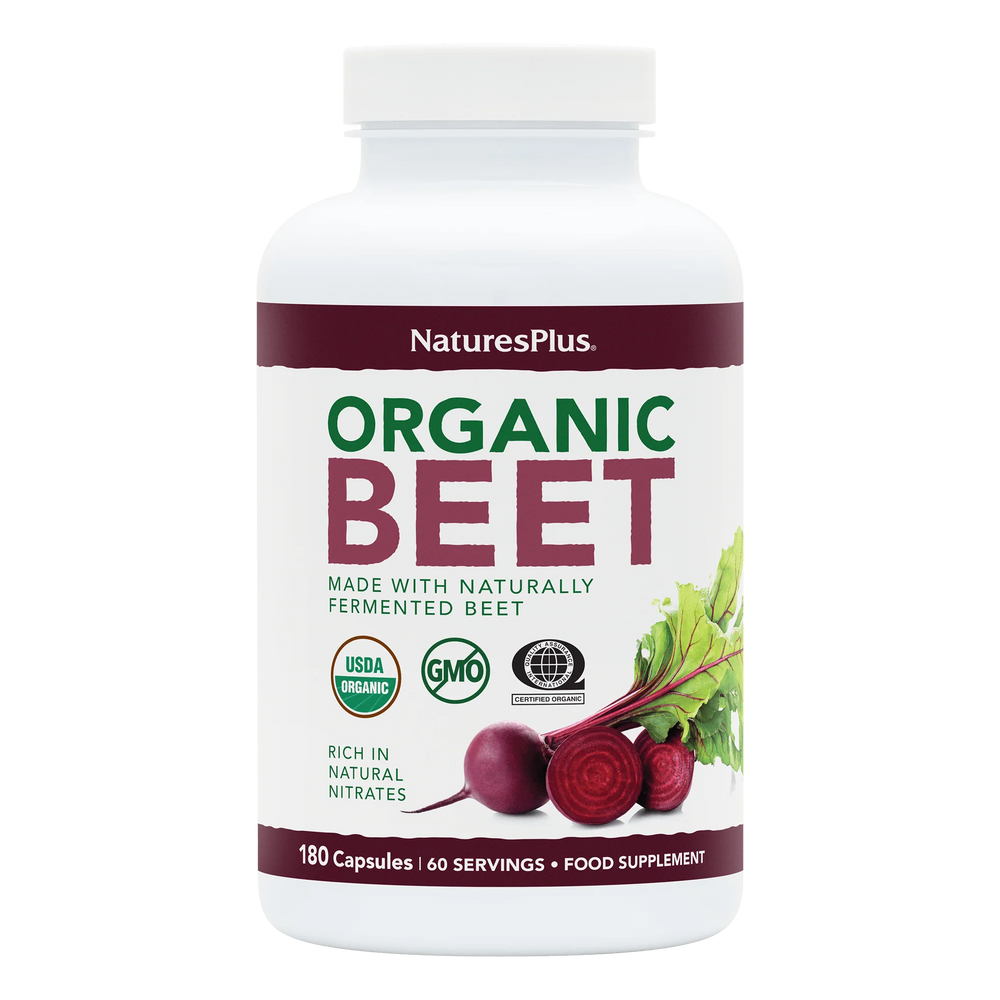 Nature's Plus Organic Beet Root 90 vegan capsules, pure whole food supplement for circulation, energy, and heart health support.