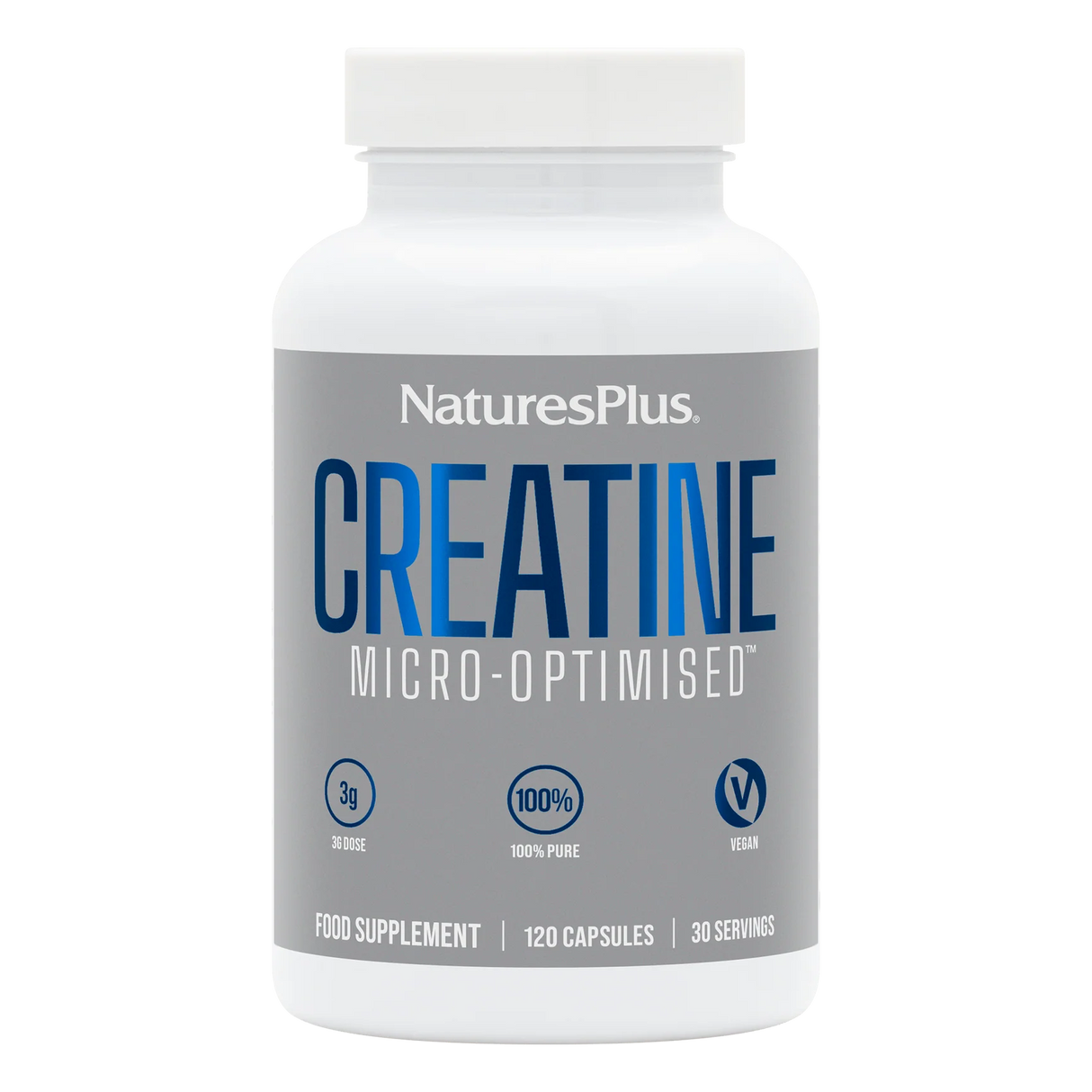 A white bottle of NaturesPlus Creatine Micro-Optimised food supplement with a gray and blue label, shown on a plain white background.
