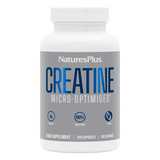 A white bottle of NaturesPlus Creatine Micro-Optimised food supplement with a gray and blue label, shown on a plain white background.