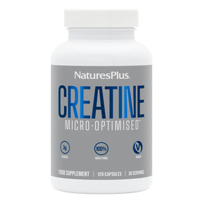 A white bottle of NaturesPlus Creatine Micro-Optimised food supplement with a gray and blue label, shown on a plain white background.