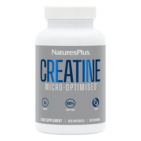 A white bottle of NaturesPlus Creatine Micro-Optimised food supplement with a gray and blue label, shown on a plain white background.
