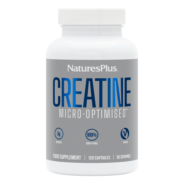 A white bottle of NaturesPlus Creatine Micro-Optimised food supplement with a gray and blue label, shown on a plain white background.