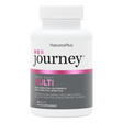 A white bottle of NaturesPlus Her Journey Once Daily Multi food supplement with a white cap, featuring a label with pink and dark gray sections.