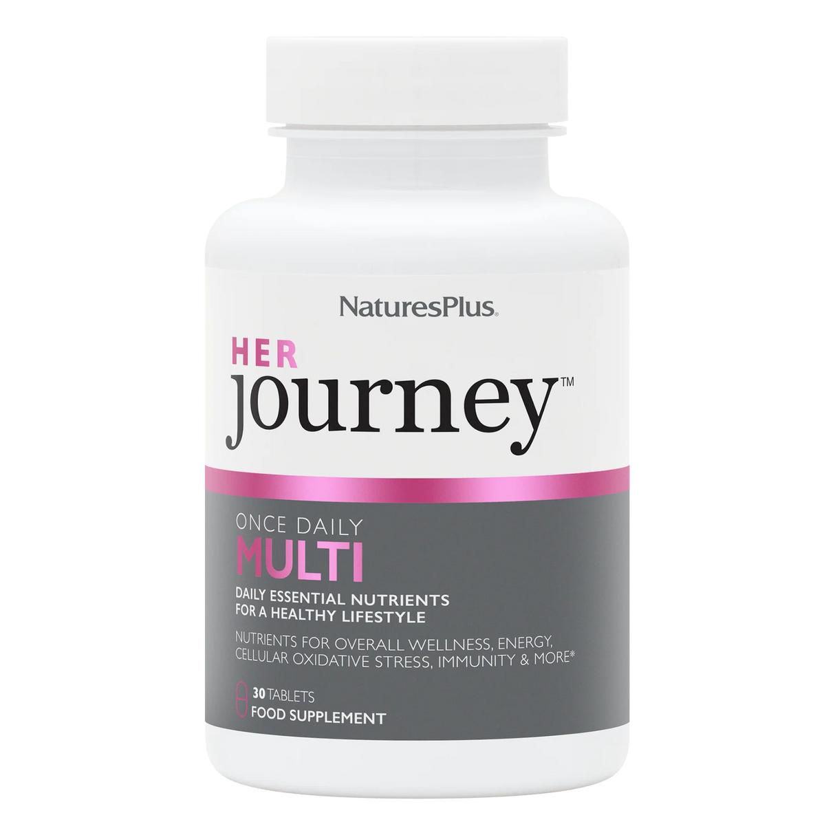 A white bottle of NaturesPlus Her Journey Once Daily Multi food supplement with a white cap, featuring a label with pink and dark gray sections.