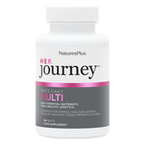 A white bottle of NaturesPlus Her Journey Once Daily Multi food supplement with a white cap, featuring a label with pink and dark gray sections.