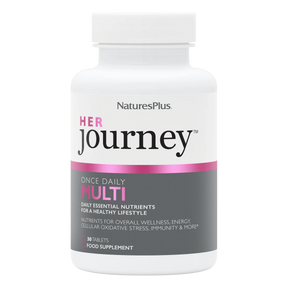 A white bottle of NaturesPlus Her Journey Once Daily Multi food supplement with a white cap, featuring a label with pink and dark gray sections.