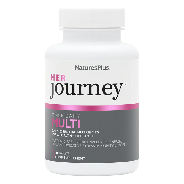 A white bottle of NaturesPlus Her Journey Once Daily Multi food supplement with a white cap, featuring a label with pink and dark gray sections.