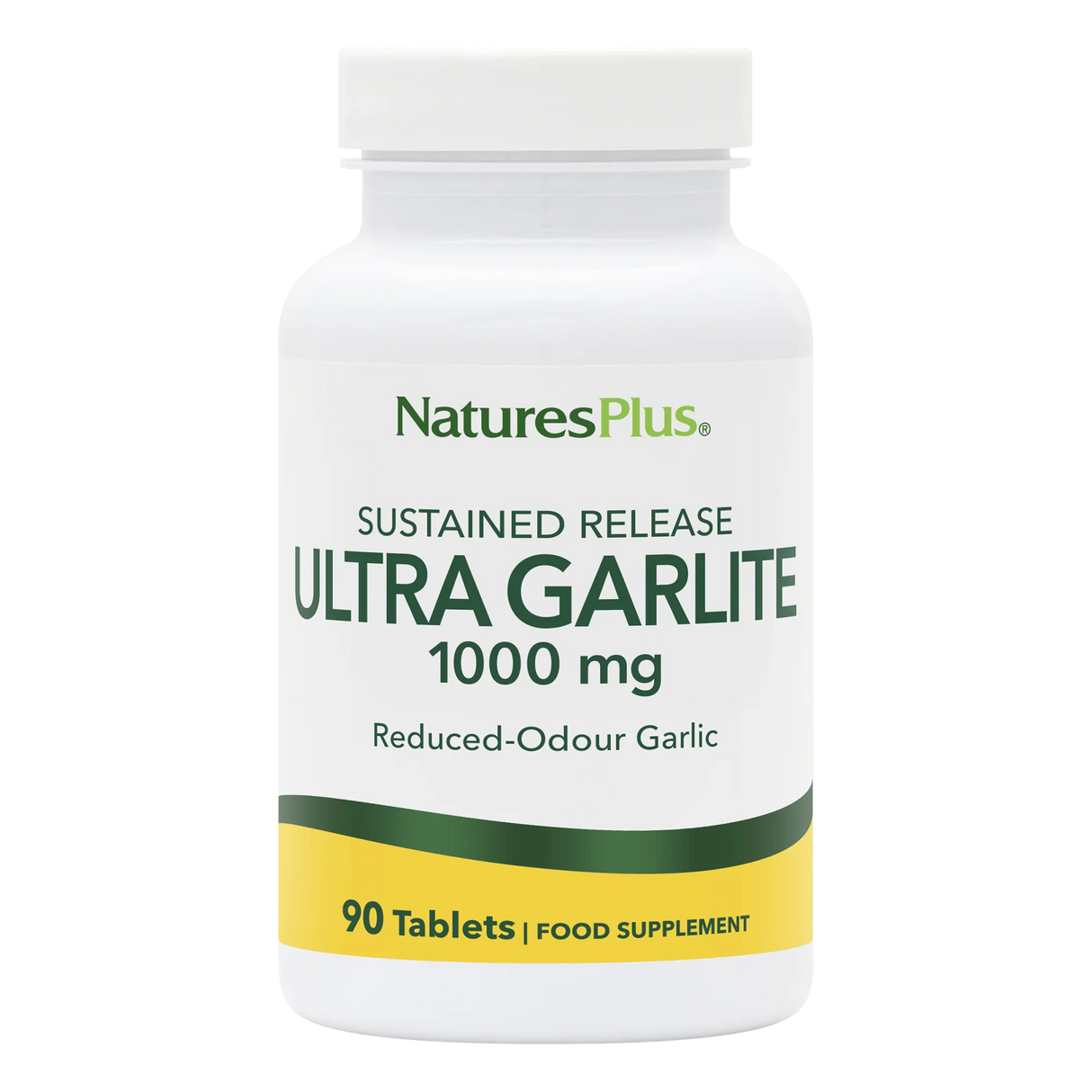 Natures Plus ULtralite Garlic white bottle with yellow green label