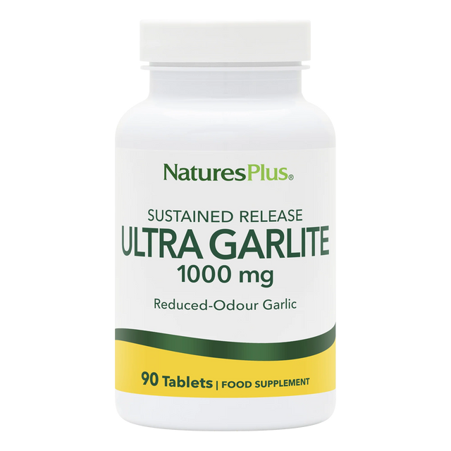 Natures Plus ULtralite Garlic white bottle with yellow green label