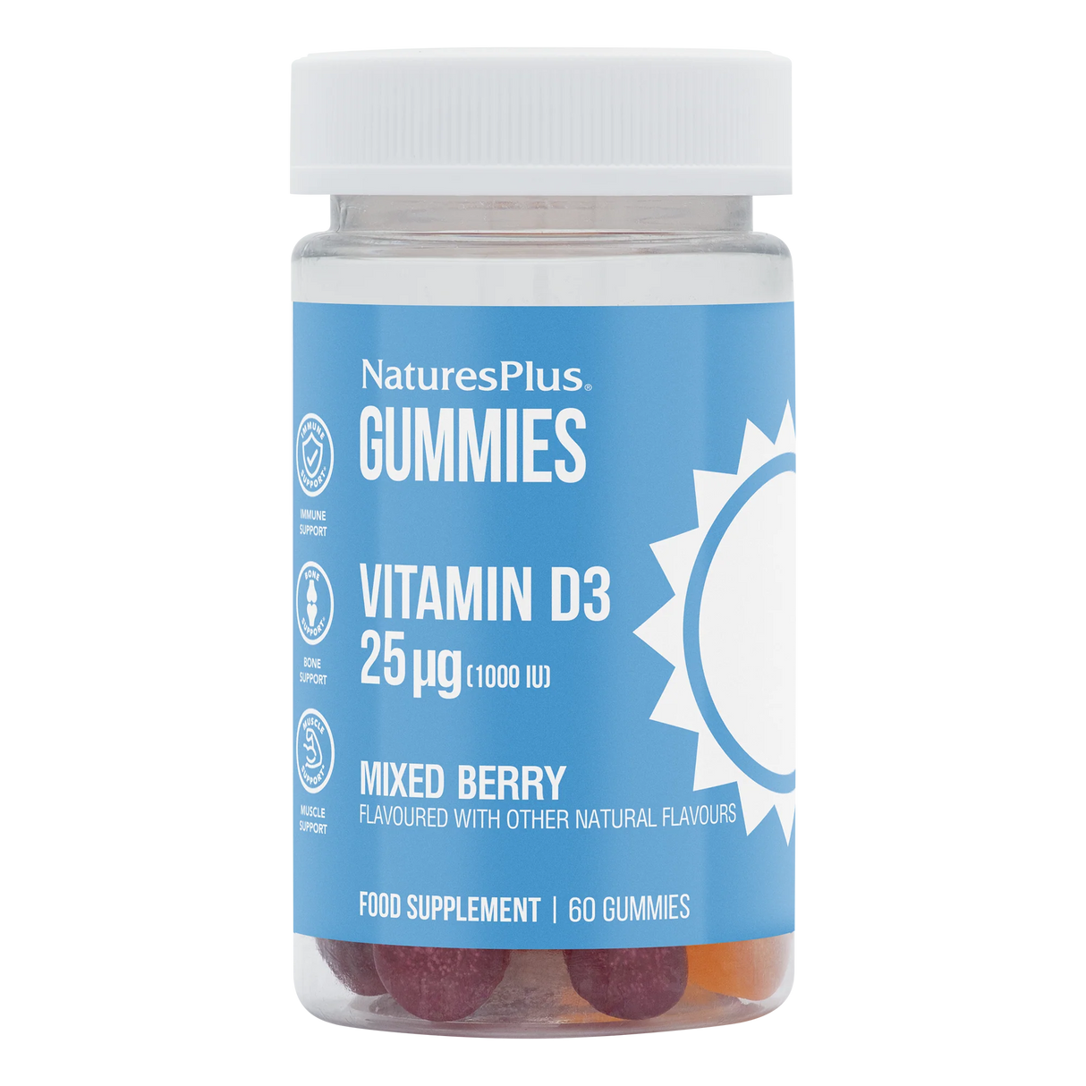 NaturesPlus Vitamin D3 gummies jar on a white background