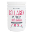 NaturesPlus Collagen Peptides Berry Lemonade flavored powder supplement in a 322g tub featuring superior sources including grass-fed beef, sustainably caught fish, cage-free chicken, and eggshell membrane.
