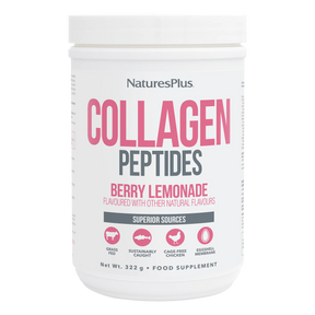 NaturesPlus Collagen Peptides Berry Lemonade flavored powder supplement in a 322g tub featuring superior sources including grass-fed beef, sustainably caught fish, cage-free chicken, and eggshell membrane.