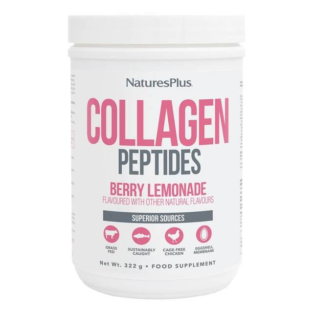 NaturesPlus Collagen Peptides Berry Lemonade flavored powder supplement in a 322g tub featuring superior sources including grass-fed beef, sustainably caught fish, cage-free chicken, and eggshell membrane.