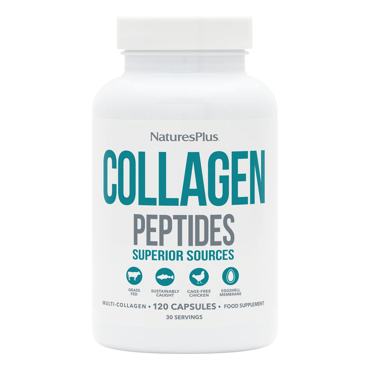 NaturesPlus Collagen Peptides supplement bottle featuring 120 capsules of multi-collagen from superior sources including grass-fed beef, sustainably caught fish, cage-free chicken, and eggshell membrane.