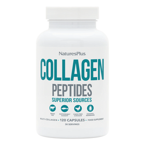 NaturesPlus Collagen Peptides supplement bottle featuring 120 capsules of multi-collagen from superior sources including grass-fed beef, sustainably caught fish, cage-free chicken, and eggshell membrane.