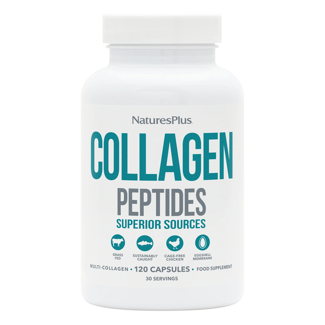 NaturesPlus Collagen Peptides supplement bottle featuring 120 capsules of multi-collagen from superior sources including grass-fed beef, sustainably caught fish, cage-free chicken, and eggshell membrane.