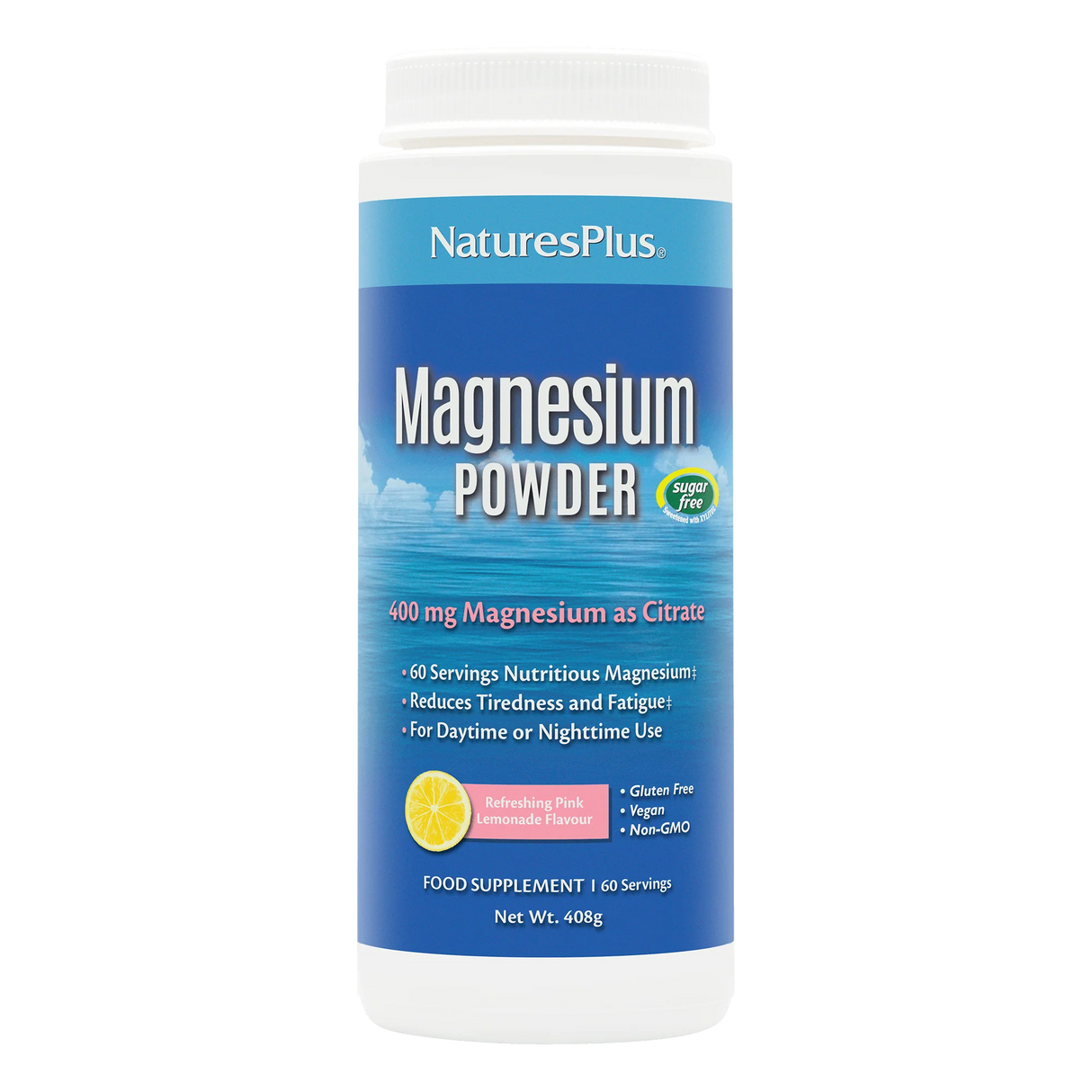 Front of NaturesPlus Magnesium Powder container in Refreshing Pink Lemonade flavor, providing 400mg Magnesium as Citrate per serving.