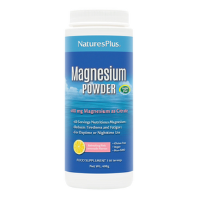 Front of NaturesPlus Magnesium Powder container in Refreshing Pink Lemonade flavor, providing 400mg Magnesium as Citrate per serving.