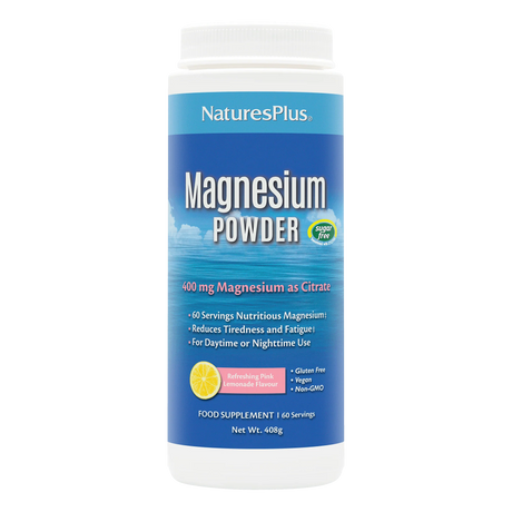 Front of NaturesPlus Magnesium Powder container in Refreshing Pink Lemonade flavor, providing 400mg Magnesium as Citrate per serving.