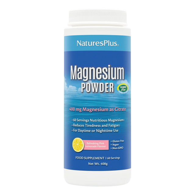 Front of NaturesPlus Magnesium Powder container in Refreshing Pink Lemonade flavor, providing 400mg Magnesium as Citrate per serving.