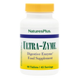 NaturesPlus Ultra-Zyme digestive enzyme food supplement bottle containing 90 tablets for 45 servings, featuring a white bottle with a blue and yellow label and a yellow cap.
