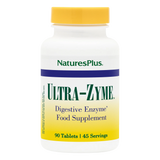 NaturesPlus Ultra-Zyme digestive enzyme food supplement bottle containing 90 tablets for 45 servings, featuring a white bottle with a blue and yellow label and a yellow cap.