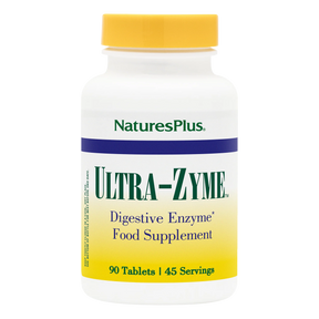 NaturesPlus Ultra-Zyme digestive enzyme food supplement bottle containing 90 tablets for 45 servings, featuring a white bottle with a blue and yellow label and a yellow cap.
