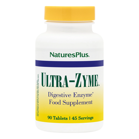 NaturesPlus Ultra-Zyme digestive enzyme food supplement bottle containing 90 tablets for 45 servings, featuring a white bottle with a blue and yellow label and a yellow cap.