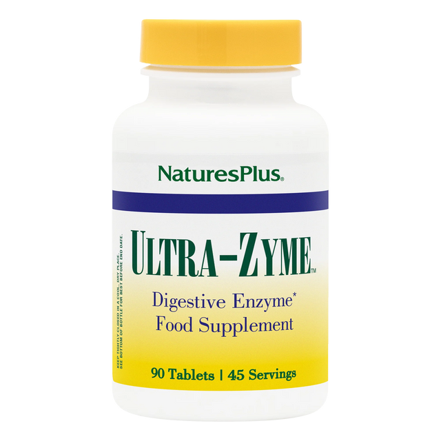 NaturesPlus Ultra-Zyme digestive enzyme food supplement bottle containing 90 tablets for 45 servings, featuring a white bottle with a blue and yellow label and a yellow cap.